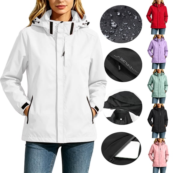 Fmbrln Womens Fleece Lined Hooded Rain Jacket Waterproof and Windproof Long Sleeve Raincoat Fall Winter Zip Up Multiple Pockets Outerwear for Hiking Camping Cold Weather