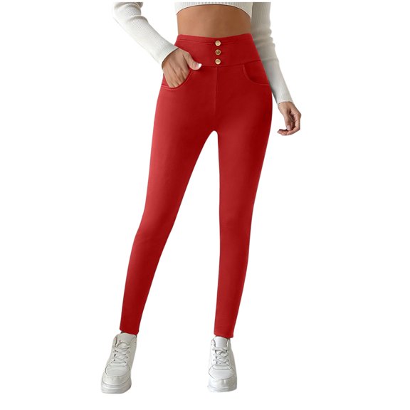 Fmbrln Womens Fleece Lined Leggings Button Stretch Waist Solid Athletic Yoga Leggings Pants Soft Comfy Warm Trousers with Pockets