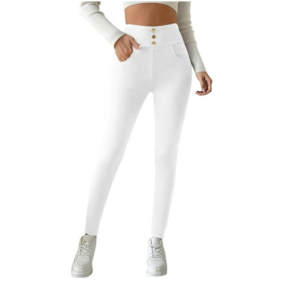 Fmbrln Womens Fleece Lined Leggings Button Stretch Waist Solid Athletic Yoga Leggings Pants Soft Comfy Warm Trousers with Pockets