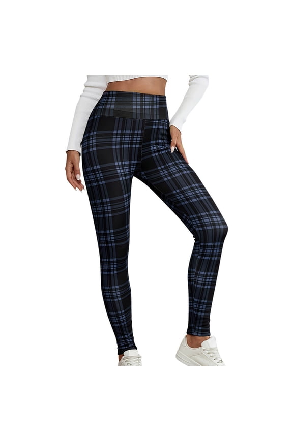 Womens Fleece Lined Leggings Comfy Stretch Waist Fashion Plaid Print Athletic Yoga Leggings Soft Warm Tights Pants