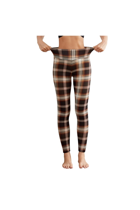 Womens Fleece Lined Leggings Comfy Stretch Waist Fashion Plaid Print Athletic Yoga Leggings Soft Warm Tights Pants