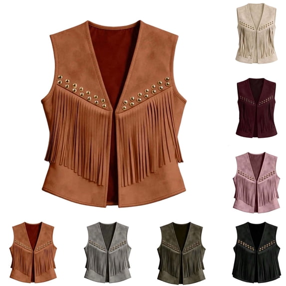 Fmbrln Womens Fringe Vest Sleeveless Open Front Jacket Trendy Western Comfy Solid Color Outerwear Tops Coffee L