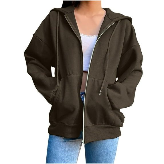 Fmbrln Womens Full Zip Up Hoodie Fall Fashion Long Sleeve Hooded Sweatshirts Casual Loose Solid Color Coat with Pockets Bronze S