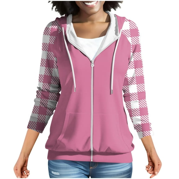 Fmbrln Womens Full Zip Up Hoodies Long Sleeve Plaid Print Hooded Sweatshirts Fall Winter Warm Fleece Sweatshirts Coat with Pockets