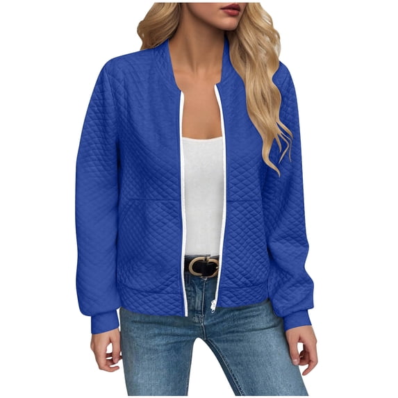 Fmbrln Womens Full Zip Up Jackets Casual Dressy Jackets Long Sleeve Solid Color Coat with Pockets Blue L