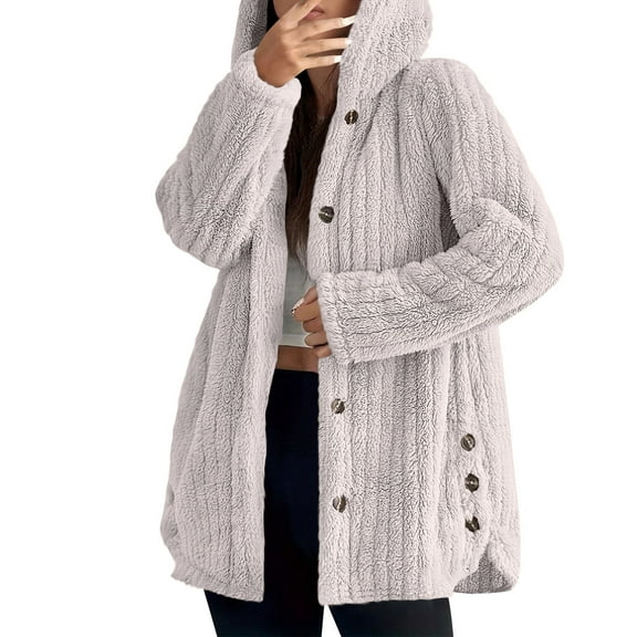 Fmbrln Womens Fuzzy Fleece Jackets Full Button Long Sleeve Solid Hooded Jackets Fall Winter Soft Warm Coat