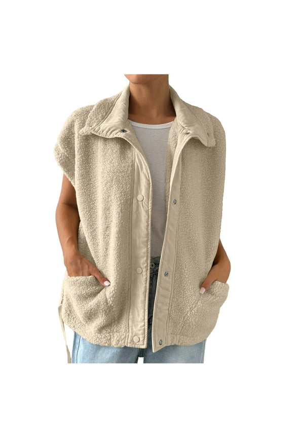 Womens Fuzzy Fleece Vest Button Zipper Lapel Collar Sleeveless Fleece Vest Fall Winter Warm Coat with Pockets
