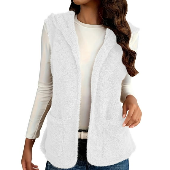 Fmbrln Womens Fuzzy Fleece Vest Sleeveless Hooded Jackets Fall Winter Fashion Soft Warm Cardigan Coat with Pockets