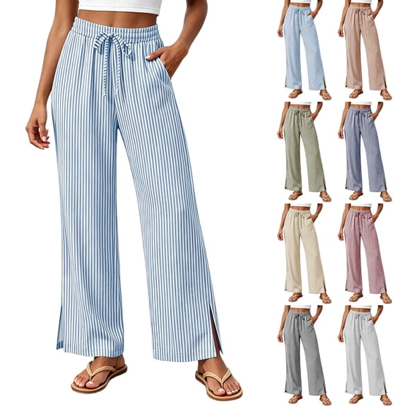 Fmbrln Womens High Waisted Striped Pants Casual Wide Leg Slit Hem Pants Summer Vacation Beach Trousers with Pockets