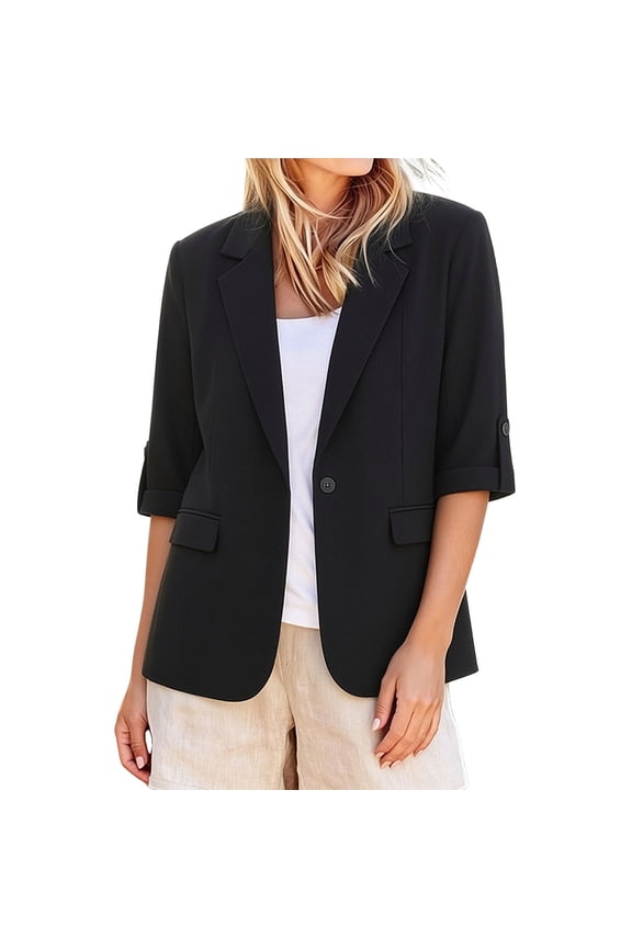 Womens Hooded 3/4 Sleeve Lapel Blazers Button Open Front Rolled-Up Cuffs Business Casual Suit Jacket with Pockets