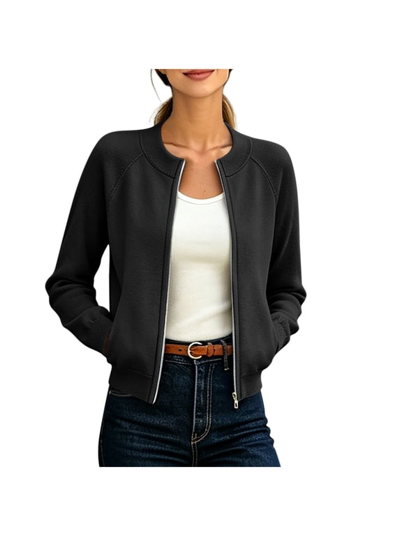 Womens Hoodless Long Sleeve Short Bomber Jacket Solid Color Crew Neck Zip-Up Jacket with Pocekts