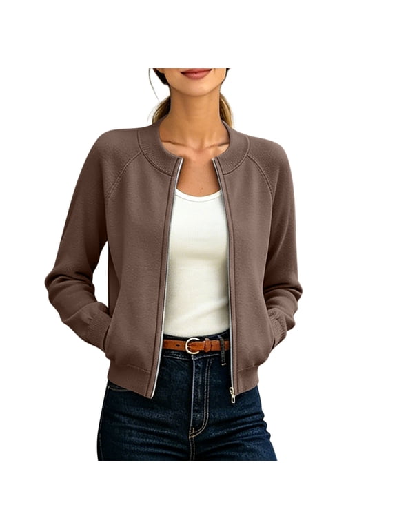 Womens Hoodless Long Sleeve Short Bomber Jacket Solid Color Crew Neck Zip-Up Jacket with Pocekts