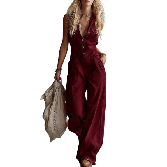 Fmbrln Womens Jumpsuit Summer Beach Vaction Solid Color Button-Up Lapel ...