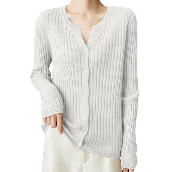 Fmbrln Womens Knitted Cardigan Sweaters Fashion Long Sleeve V Neck Button Cardigans Tops Casual Loose Solid Color Cardigan Coat White S