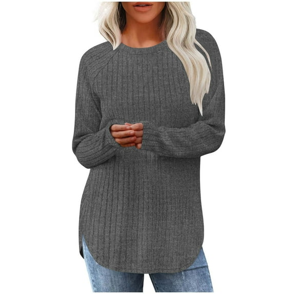 Fmbrln Womens Knitted Sweaters Fall Fashion Casual Crew Neck Long Sleeve Side Slit Hem Shirts Loose Comfy Pullover Tops Gray 2XL
