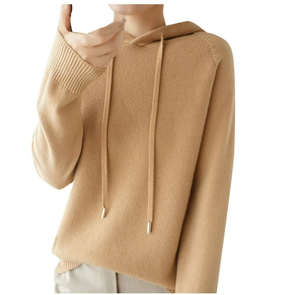 Fmbrln Womens Knitted Sweaters Fashion Casual Long Sleeve Solid Color Hooded Sweaters Loose Comfy Pullover Tops Gold 2XL