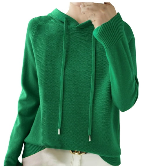 Fmbrln Womens Knitted Sweaters Fashion Casual Long Sleeve Solid Color Hooded Sweaters Loose Comfy Pullover Tops Green L