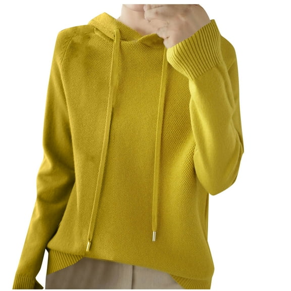 Fmbrln Womens Knitted Sweaters Fashion Casual Long Sleeve Solid Color Hooded Sweaters Loose Comfy Pullover Tops Yellow L