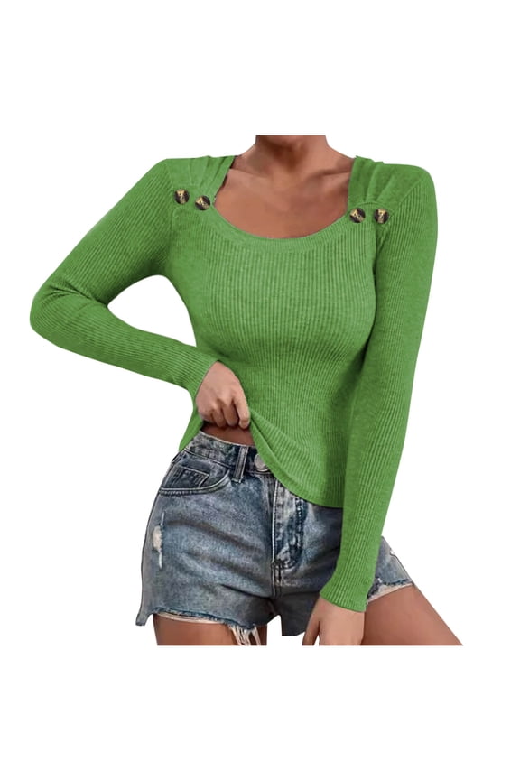 Womens Knitted Sweaters Fashion Long Sleeve Square Neck Button Basic Sweaters Casual Loose Solid Color Pullover Sweaters Green L