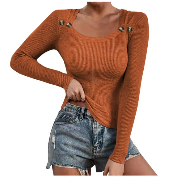 Fmbrln Womens Knitted Sweaters Fashion Long Sleeve Square Neck Button Basic Sweaters Casual Loose Solid Color Pullover Sweaters Orange L