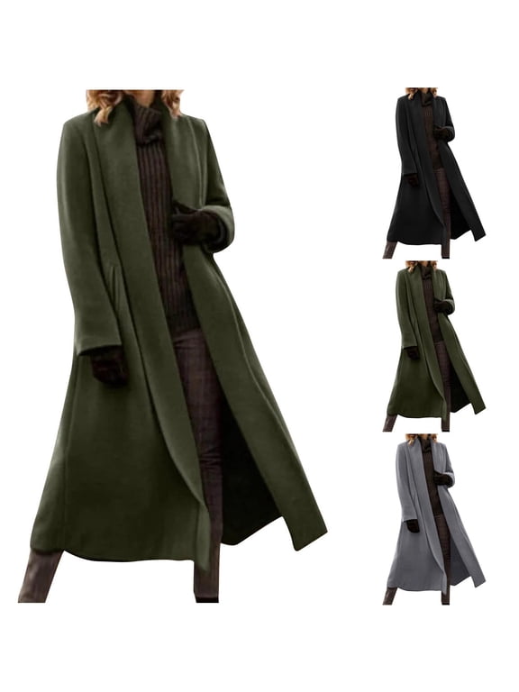 Womens Lapel Collar Long Wool Coat Long Sleeve Cardigan Outwear Fall Winter Fashion Warm Comfy Outerwear with Pocket Black 3XL