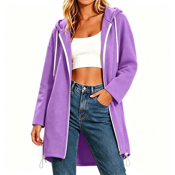 Fmbrln Womens Length Zip Up Hoodies Long Sleeve Solid Color Tunic Sweatshirt Fall Winter Drawstring Casual Outerwear Purple L