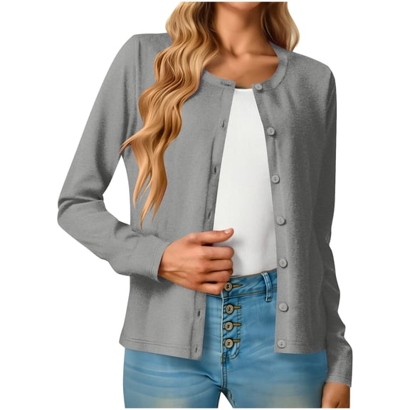 Fmbrln Womens Lightweight Cardigan Sweaters Casual Long Sleeve Crew Neck Button Open Front Cardigans Fall Fashion 2025 Clothing Gray 2XL
