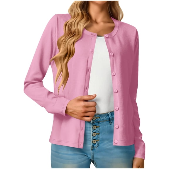 Fmbrln Womens Lightweight Cardigan Sweaters Casual Long Sleeve Crew Neck Button Open Front Cardigans Fall Fashion 2025 Clothing Pink S