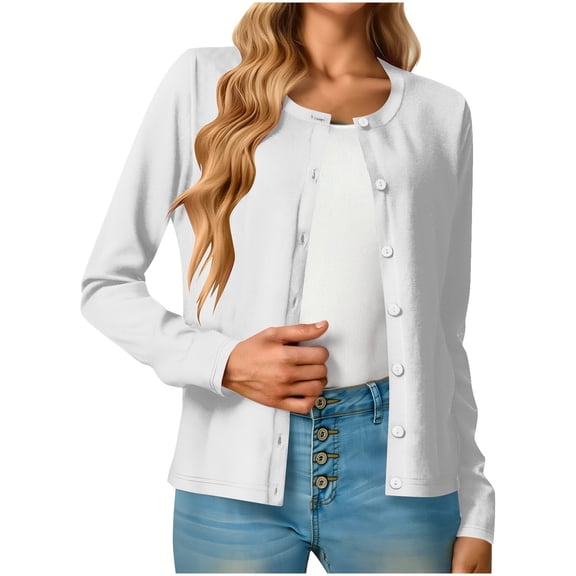 Fmbrln Womens Lightweight Cardigan Sweaters Casual Long Sleeve Crew Neck Button Open Front Cardigans Fall Fashion 2025 Clothing White 2XL