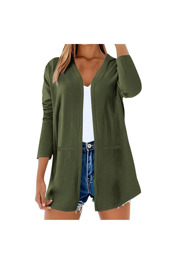 Womens Lightweight Cardigans Casual Long Sleeve Solid Color Open Front Cardigans Breathable Comfy Cover Up Blouse with Pockets Army Green 2XL