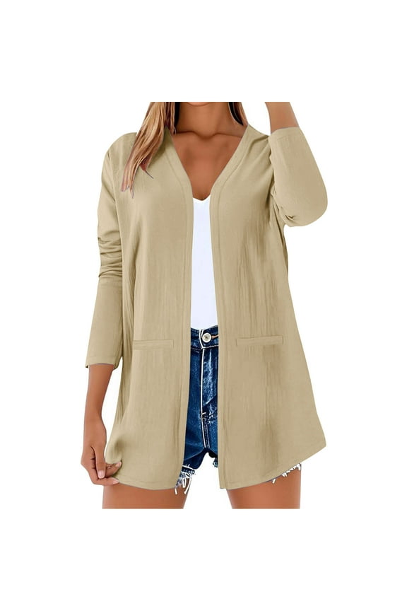 Womens Lightweight Cardigans Casual Long Sleeve Solid Color Open Front Cardigans Breathable Comfy Cover Up Blouse with Pockets Beige 3XL