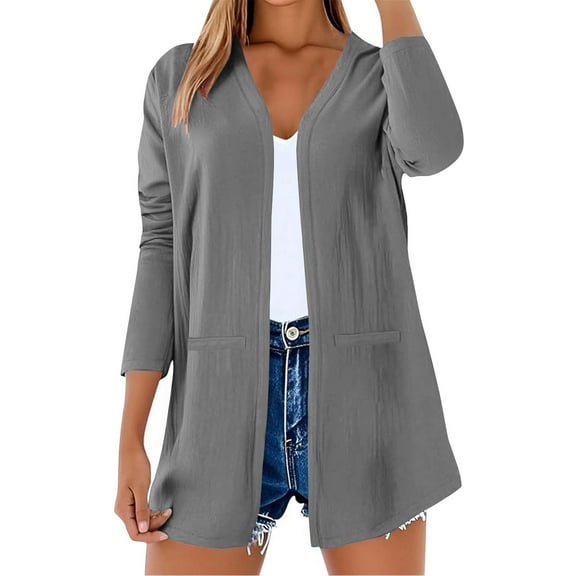 Fmbrln Womens Lightweight Cardigans Casual Long Sleeve Solid Color Open Front Cardigans Breathable Comfy Cover Up Blouse with Pockets Gray M