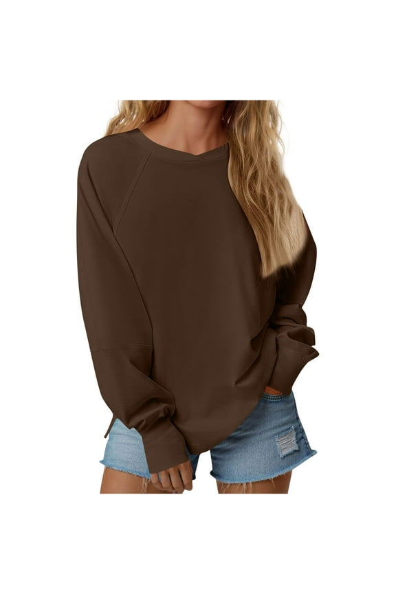 Womens Lightweight Hoodless Sweatshirts Long Sleeve Crew Neck Solid Sweatshirts Casual Loose Pullover Tops Brown L
