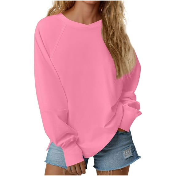 Fmbrln Womens Lightweight Hoodless Sweatshirts Long Sleeve Crew Neck Solid Sweatshirts Casual Loose Pullover Tops Pink XL