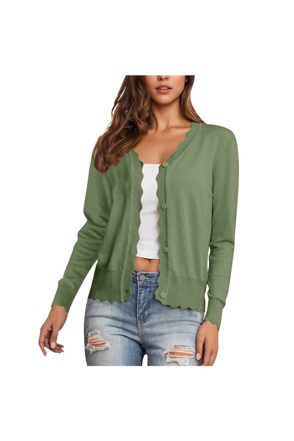 Womens Lightweight Knitted Cardigans Fashion Casual Long Sleeve V Neck Button Scalloped Edged Open Front Cardigans Soft Comfy Solid Color Outwear Army Green M