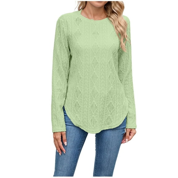 Fmbrln Womens Lightweight Knitted Sweaters Fall Fashion Long Sleeve Crew Neck Hollow Out Tunic Tops Dressy Casual Loose Comfy Blouse Green M
