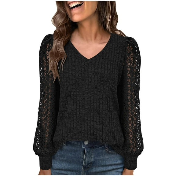 Fmbrln Womens Lightweight Sweaters Lace Patchwork Long Sleeve V Neck Solid Tops Loose Comfy Pullover Tops Trendy Womens Blouses Black M