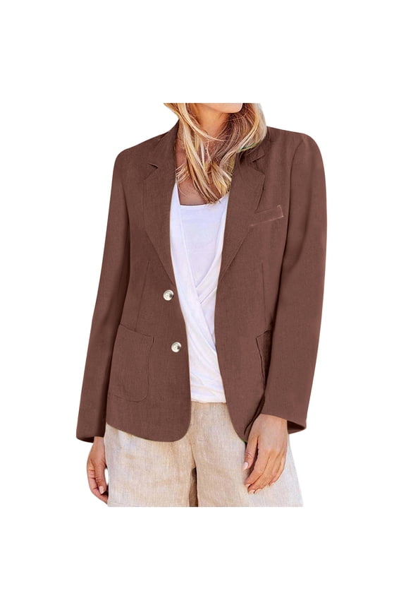 Womens Linen Blazers Coat Long Sleeve Lapel Collar Open Front Jackets Casual Dressy Jackets Office Business Work Jackets with Pockets Coffee XL