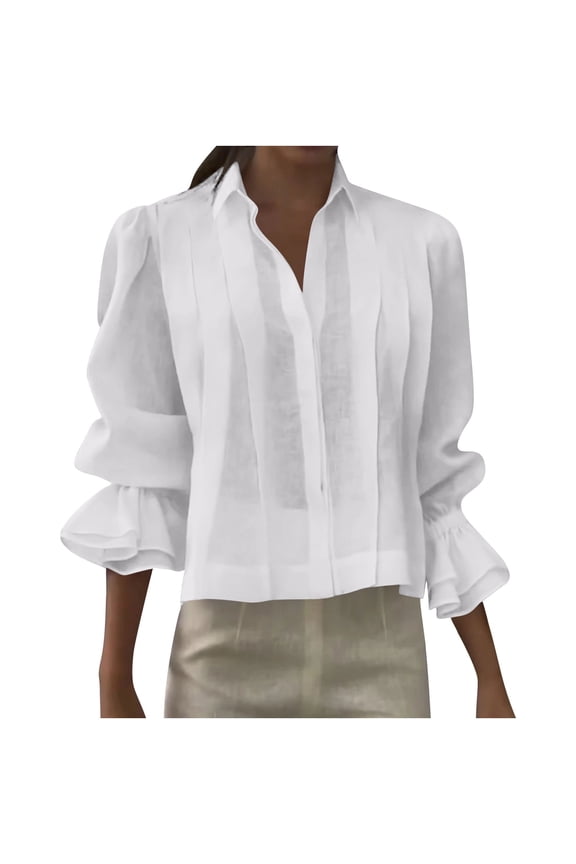 Womens Linen Shirts Long Sleeve Turndown Collar Hidden Buttons Tops Fashion Pleated Casual Loose Lightweight Blouse
