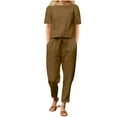 thumbnail image 1 of Fmbrln Womens Linen Summer 2 Piece Sets Casual Crew Neck Short Sleeve Tops and Elastic Waist Pants with Pockets Sets Lounge Comfy Outfits Khaki L, 1 of 4