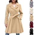 thumbnail image 1 of Fmbrln Womens Long Belted Wool Coat Lapel Double Breasted Long Sleeve A Line Jacket Fall Winter Casual Outerwear with Pocket Khaki 2XL, 1 of 6