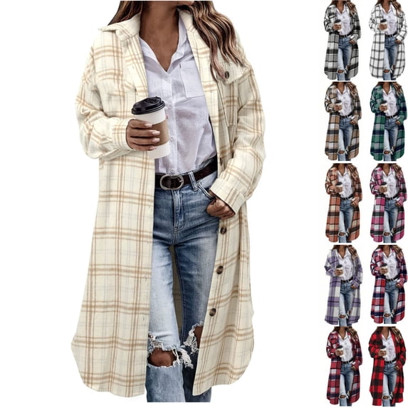 Fmbrln Womens Long Plaid Coat Full Button Long Sleeve Lapel Collar Checkered Jackets Fall Winter Fashion Cardigan Coat with Pockets