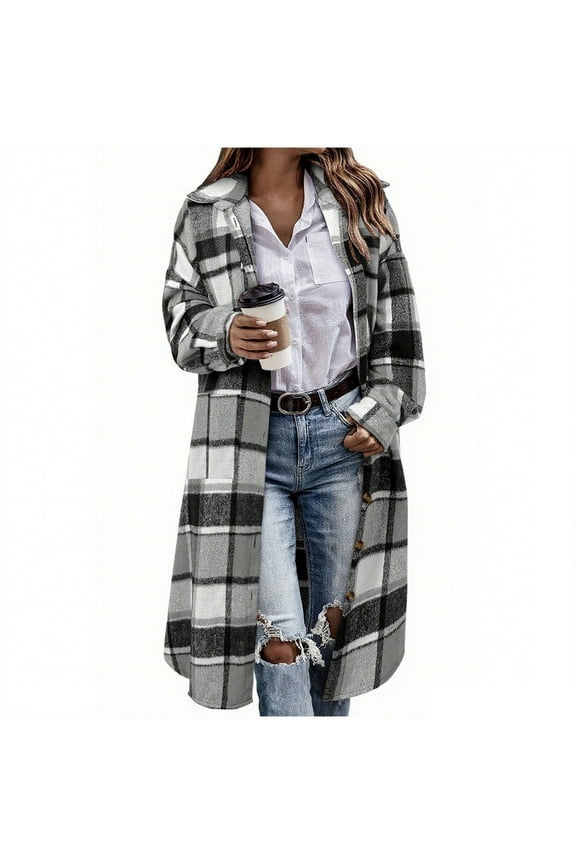 Womens Long Plaid Coat Full Button Long Sleeve Lapel Collar Checkered Jackets Fall Winter Fashion Cardigan Coat with Pockets