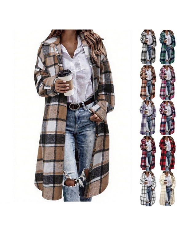 Womens Long Plaid Coat Full Button Long Sleeve Lapel Collar Checkered Jackets Fall Winter Fashion Cardigan Coat with Pockets