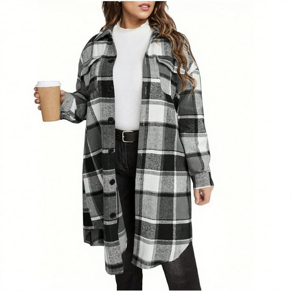 Fmbrln Womens Long Plaid Shirts Jackets Full Button Long Sleeve Turndown Collar Checkered Coat Fall Winter Trendy Outwear with Pockets