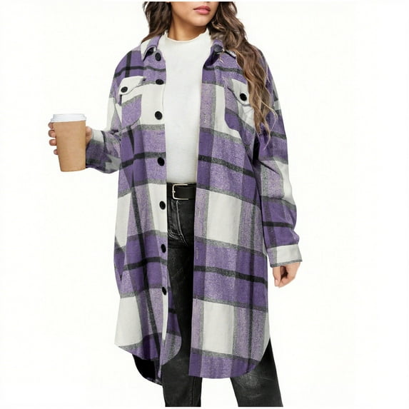Fmbrln Womens Long Plaid Shirts Jackets Full Button Long Sleeve Turndown Collar Checkered Coat Fall Winter Trendy Outwear with Pockets
