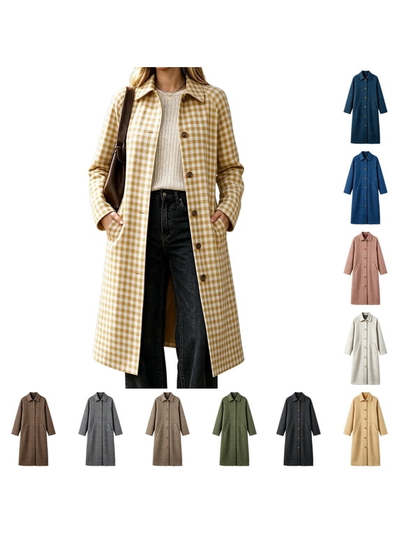 Womens Long Plaid Trench Coat Lapel Collar Button Down Cardigan Loose Fit Casual Fall Winter Outerwear