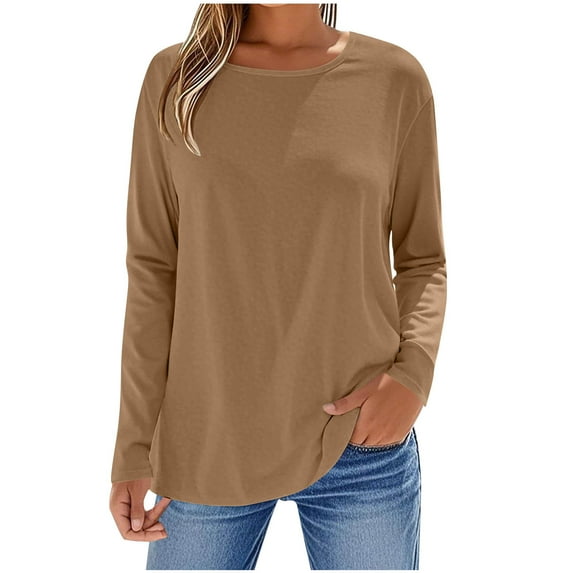 Fmbrln Womens Long Sleeve Basic Tops Fashion Crew Neck Casual Loose Solid Color T-Shirts Soft Comfy Tees Coffee L