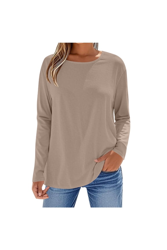 Womens Tops 2025 Fashion Solid Color Fall Long Sleeve Shirts Casual Loose Comfy Crew Neck Blouses