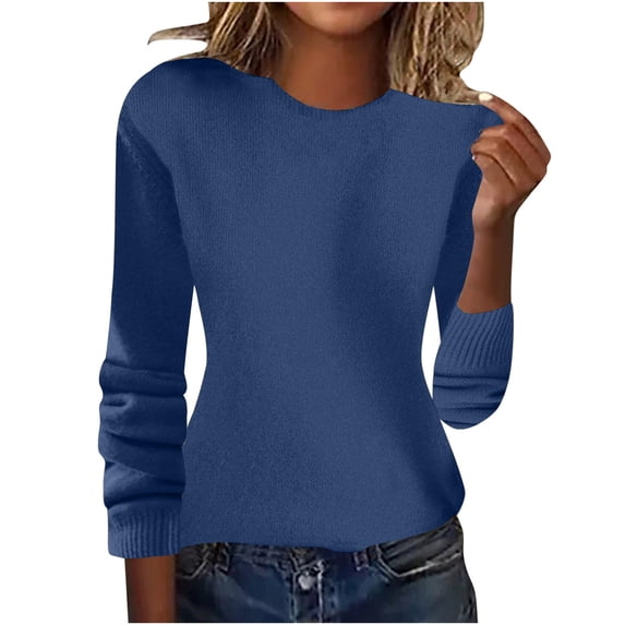 Fmbrln Womens Long Sleeve Knitted Sweaters Fall Fashion Crew Neck Solid Color Basic Shirts Casual Loose Pullover Tops Navy S